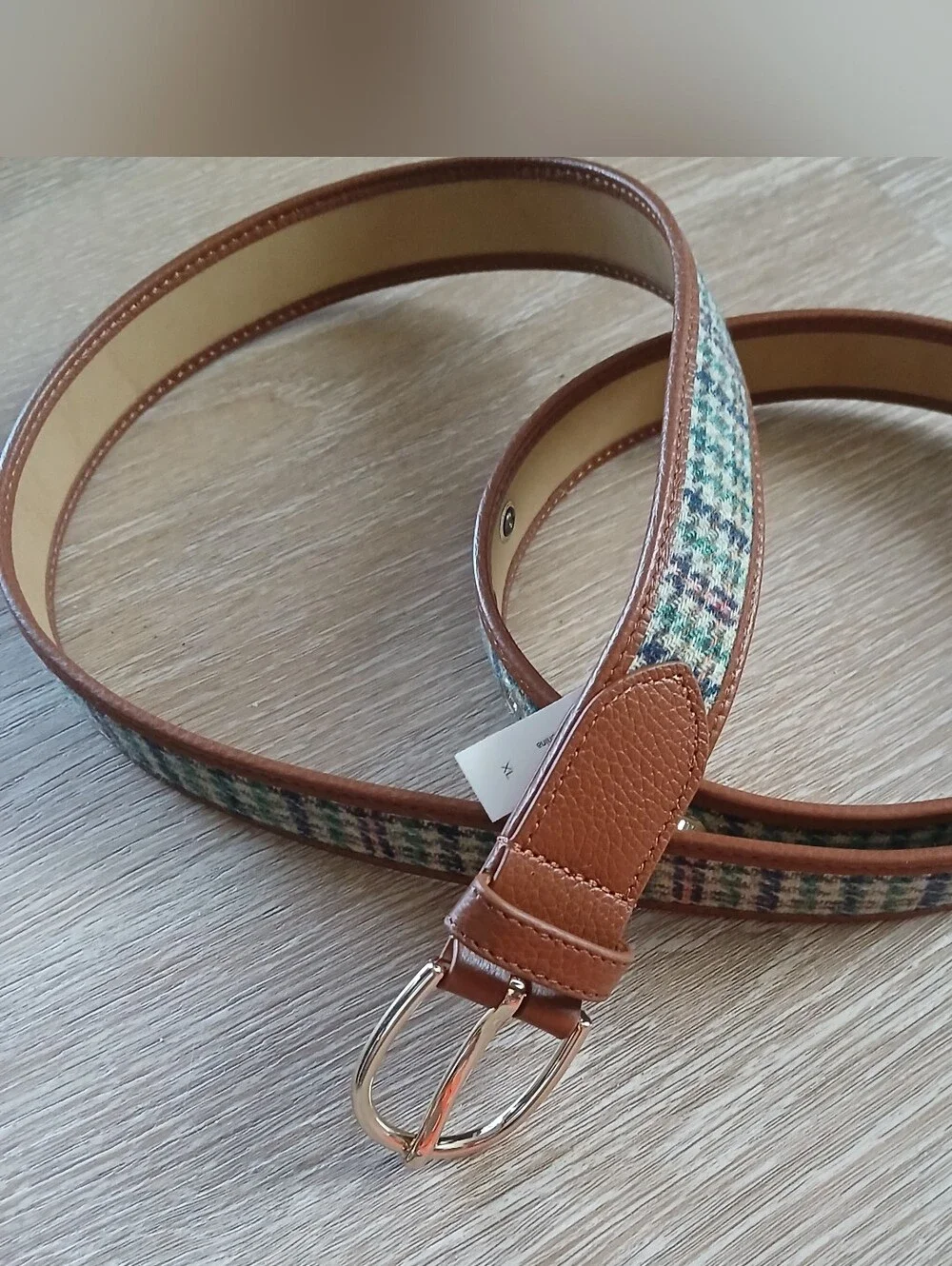 Talbots Belt Hybrid Fabric And Leather Hounds tooth Plaid Gold Tone Hardware XL